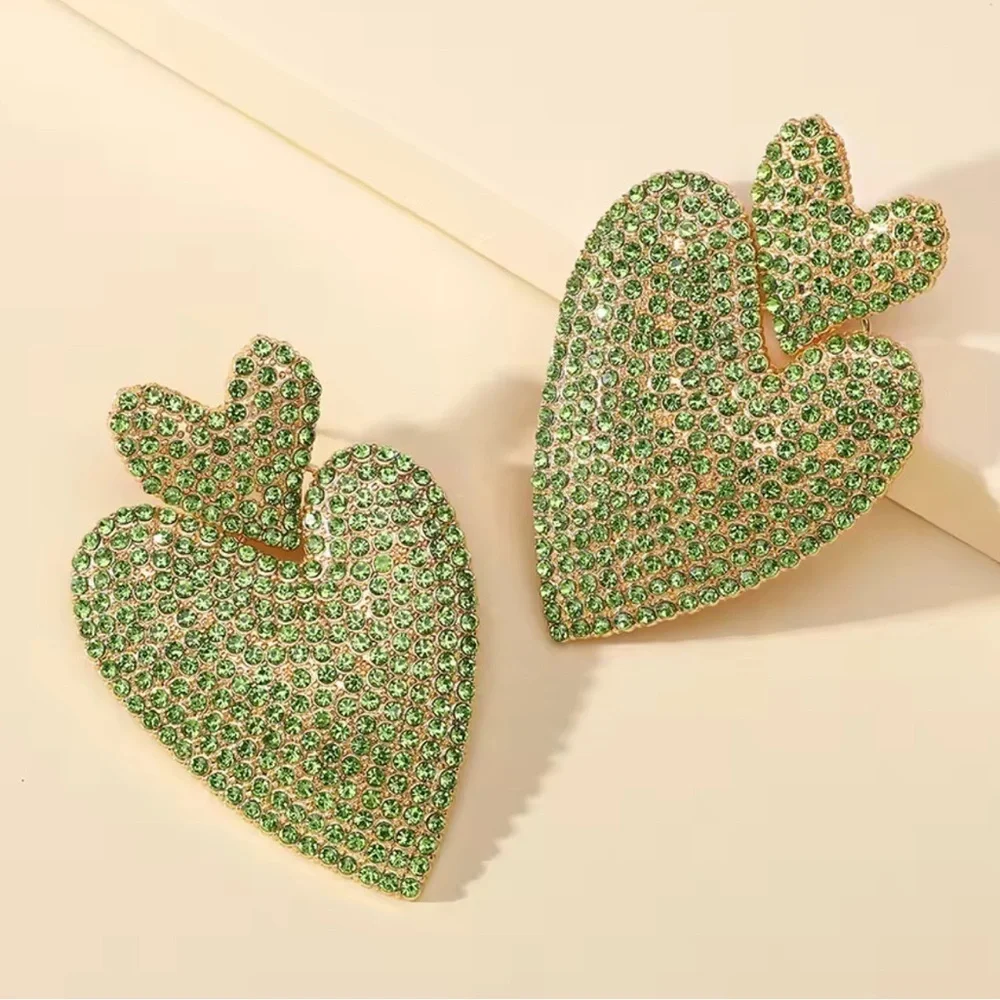 Green Heart Crystal Drop Earrings